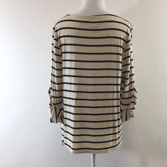 Chico's Cream Blue Striped 3/4 Sleeve Tee Womens‎ 1 Medium T Shirt Ruffle Sleeve - Picture 3 of 11